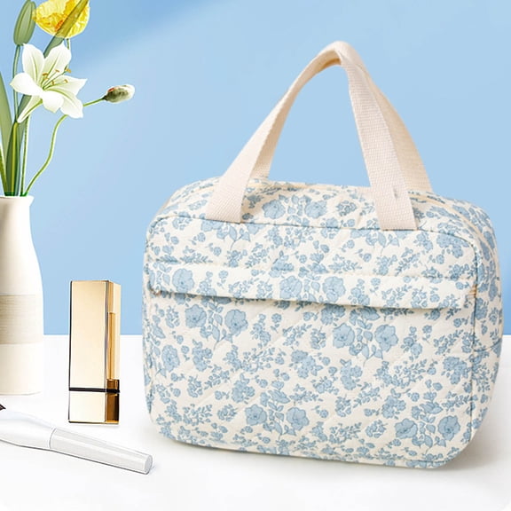 Large Capacity Quilted Cotton Cosmetic Organizer Bag - Portable Tote with Multiple Compartments, Transparent Pouch, 25x20x9cm Travel Makeup Case