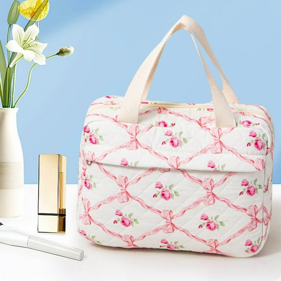Large Capacity Quilted Cotton Tote Cosmetic Bag, Portable Organizer for Makeup, Travel Storage Bag with Divided Sections for Cosmetics