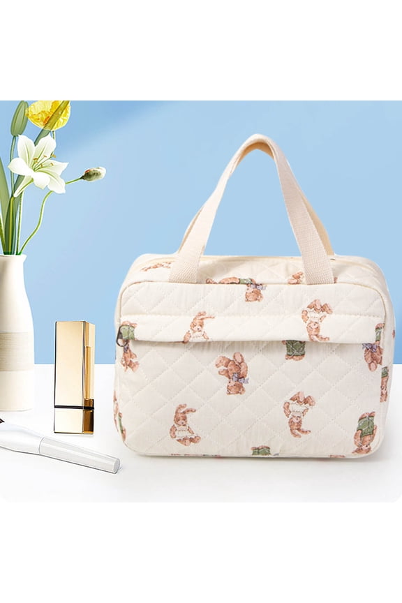 Large Capacity Quilted Cotton Tote Cosmetic Bag, Portable Organizer for Makeup, Travel Storage Bag with Divided Sections for Cosmetics