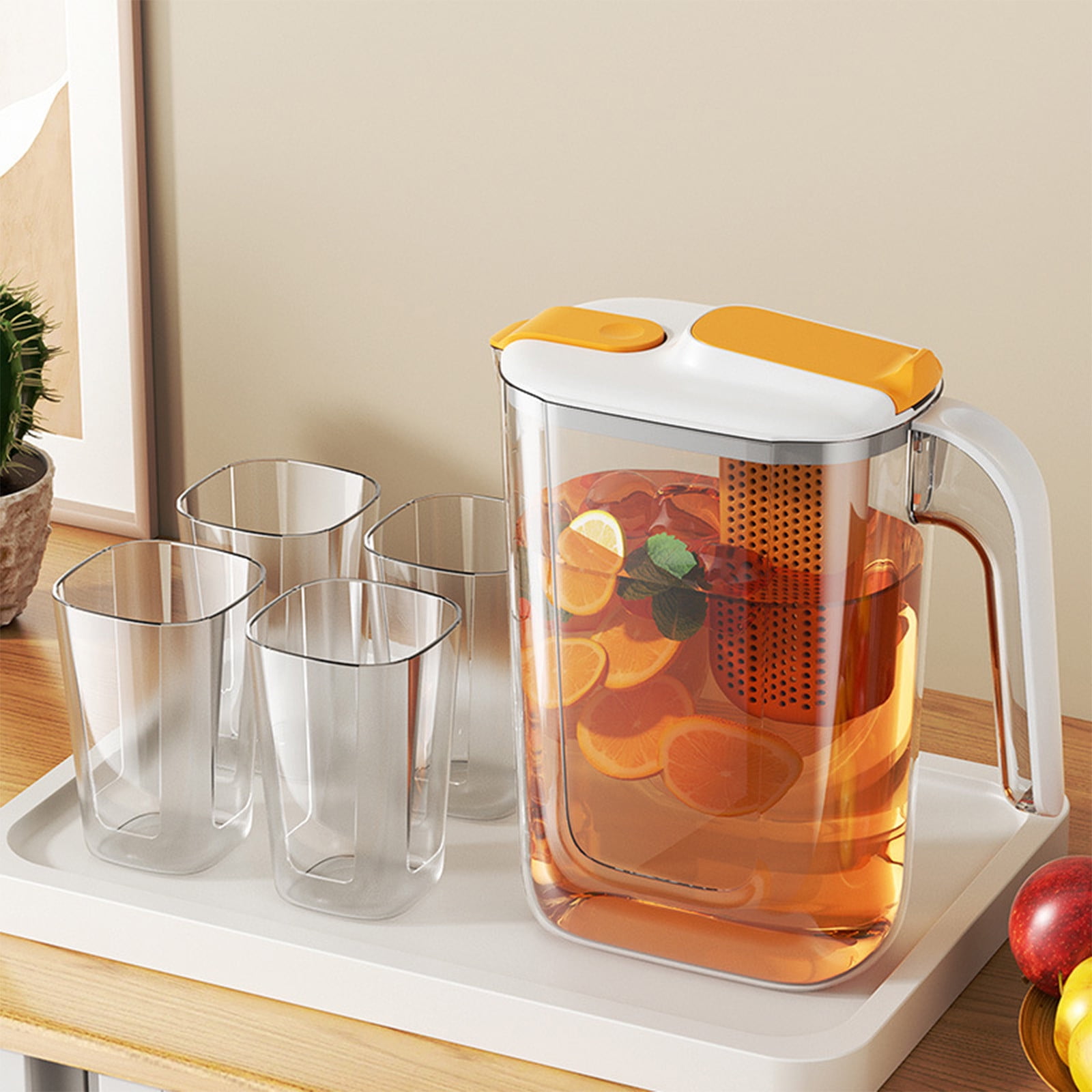Large Capacity Refrigerator Cold Water Kettle | 0.6L Plastic Pitcher with Fruit Filter | Fits Fridge Door | Heat Resistant | for Tea, Juice, Lemonade | White/Green | 1 Kettle + 4 Cups