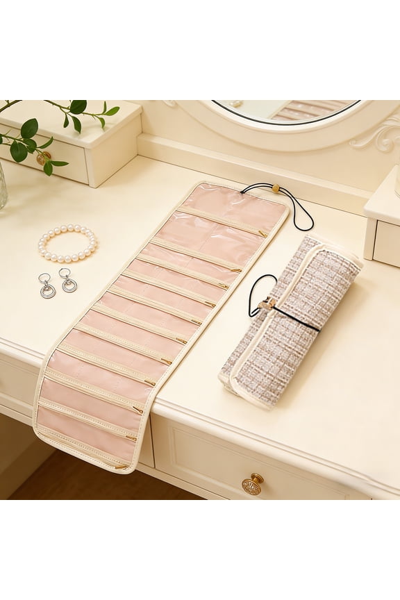 Large Capacity Roll-up Travel Jewelry Organizer Bag, Hanging Pouch with Compartments for Earrings Necklaces, Portable Accessory Case(Beige)