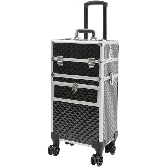 Large Capacity Rolling Makeup Case for Professionals, 3-Tier Cosmetic Organizer with Wheels & Adjustable Pull Rod, Travel Makeup Storage Box for Makeup Artists, Hair Stylists