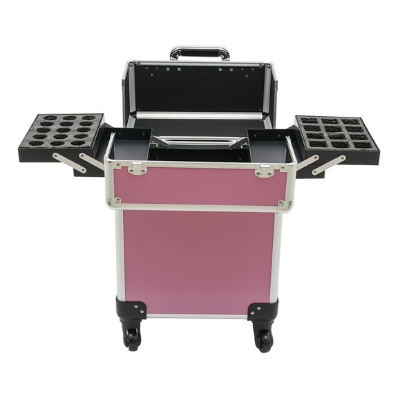 Large Capacity Rolling Makeup Train Case, Trolley Makeup Travel Case with Keys Swivel Wheels for Esthetician, Hairstylist, Nail Tech Kit Aluminum Makeup Beauty Trolley Case,Rolling Makeup Case,Pink