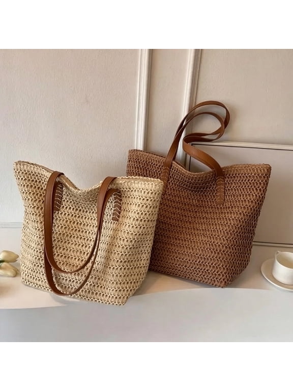 Large Capacity Rope Woven Tote Bag, Solid Color Casual Straw Bag, Stylish Vacation Style Handbag for Women, Perfect for Beach, Outdoor Travel and Daily Casual Outfit Matching, Beige