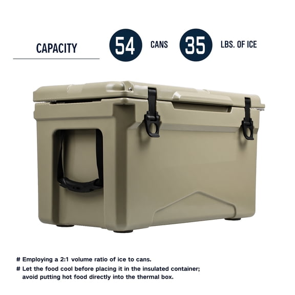 Large Capacity Rotomolded Insulated Cooler, Up to 5 Days Ice Retention, Food Grade Safe, UV Protected, Leak-Proof Seal, Sturdy Lid Supports 310 LBS, Ideal for Camping, Fishing, Beach.