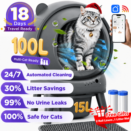 Large Capacity Self Cleaning Litter Box, 100L+15L Automatic Cat Litter Box for Multiple Cats with App Control, Safety Protection, Negative ion Deodorization, 2 Roll Garbage Bags & Mat