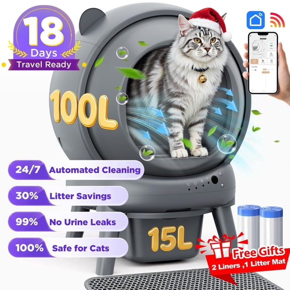 Large Capacity Self Cleaning Litter Box, 100L+15L Automatic Cat Litter Box for Multiple Cats with App Control, Safety Protection, Negative ion Deodorization, 2 Roll Garbage Bags & Mat