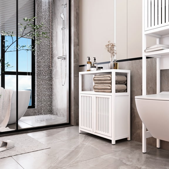 Large Capacity Shelving Unit For Bathroom & Living Room White Cabinet Mops - Organization