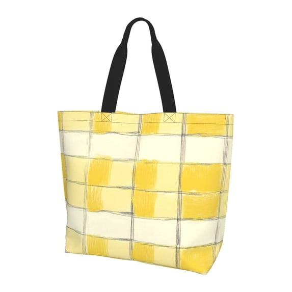 Large Capacity Single Shoulder Shopping Bag 19.7×15.7×5.9in Main Pocket Large To Accommodate Your Daily Needs Can Be Portable Can Be A Single Shoulder Back Lightyellow Checked Hand-Drawn Sketch_4