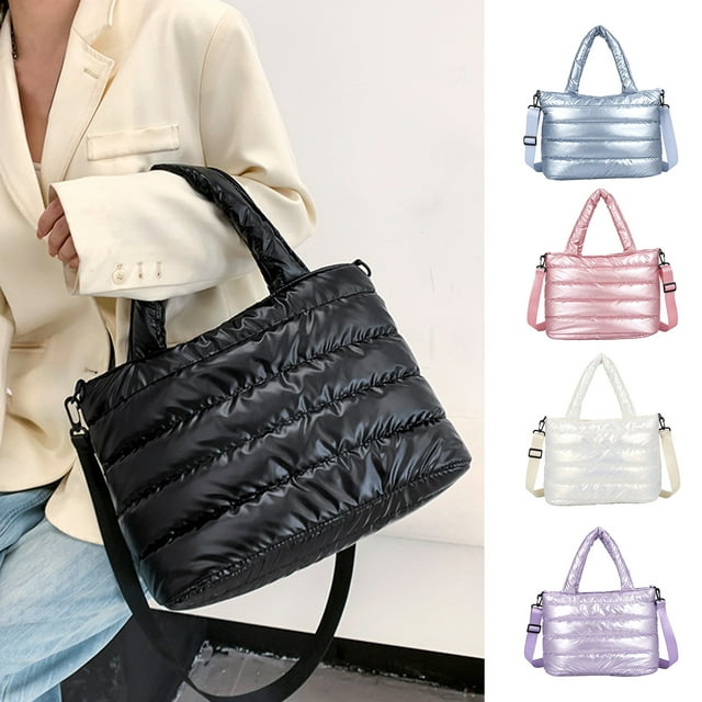 Large Capacity Smooth Zipper Adjustable Straps Handheld Lazy Pillow Shoulder Bag Women Lightweight Winter Down Cotton Padded Handbag,White