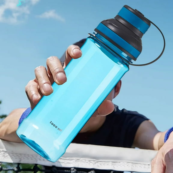 Large Capacity Sports Water Bottle | 1 Liter Outdoor Portable Water Bottle for Hiking & Fitness | Leakproof Plastic Water Container for Adults & Kids | Coffee Blue Gray