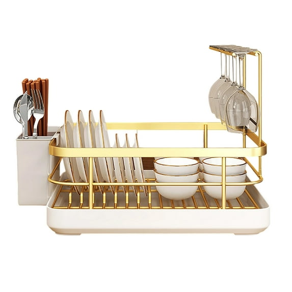 Large Capacity Stainless Steel Dish Drying Rack with Drainer Tray, Multifunctional Kitchen Counter Organizer with Utensil Holder and Glass Rack Space Saving Dish Drainer for Dishes Cups Cutlery