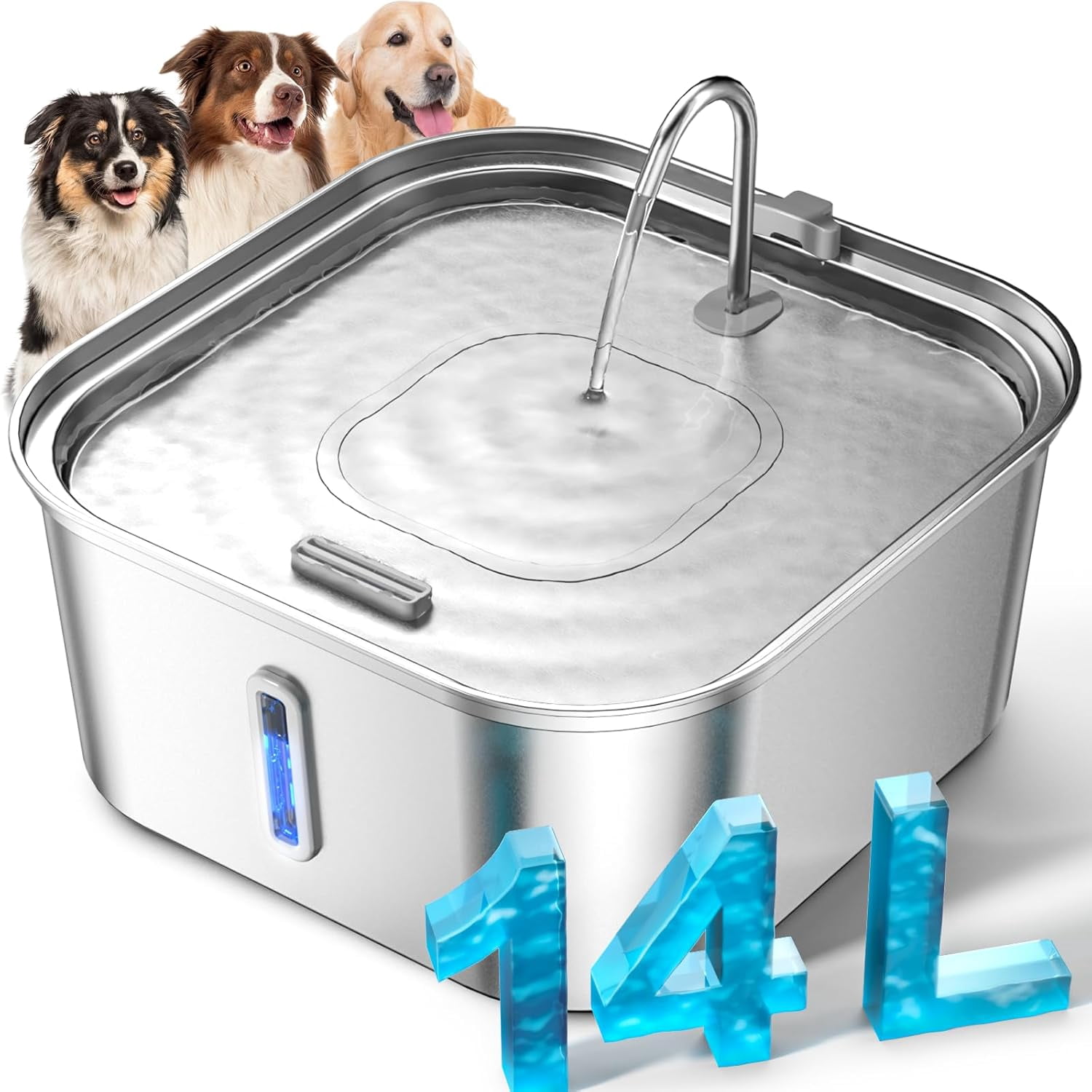 Large Capacity Stainless Steel Pet Water Fountain with Visible Window, Extra Wide Drinking Area and 7-Piece Filter Set for Multi-Pet Families