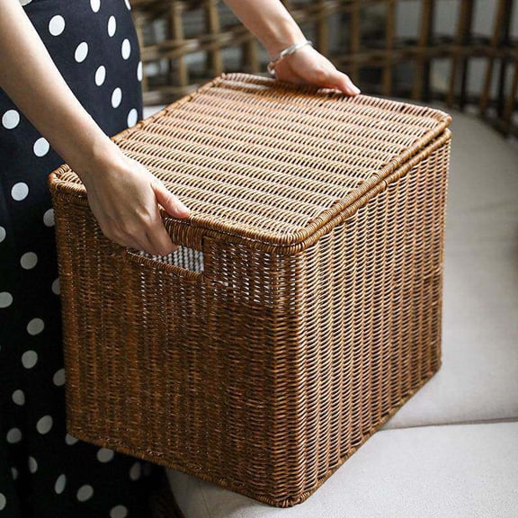 Large Capacity Storage Basket with Lid, Plastic Wicker Woven Bin for Living Room, Bedroom, Bathroom, Farmhouse Decor, Multi-Purpose Clutter Organizer for Home