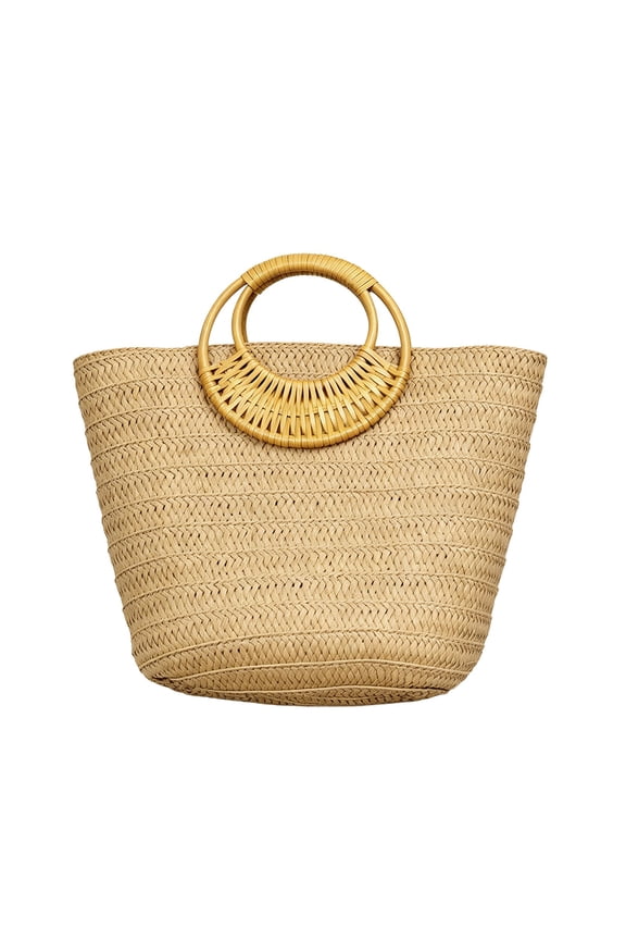 Large Capacity Straw Woven Tote Bag with Rattan Ring Handle, Summer Beach Bag for Women Casual Travel and Vacation, Brown