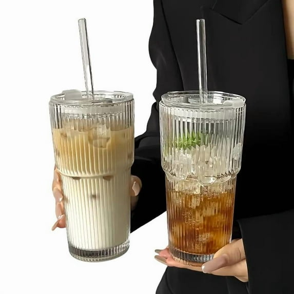 Large Capacity Striped Tumbler with Lid, 1/2 Counts Insulated Glass Cup, Reusable Glass Cup for Cold Drinks, Juices, Coffee, Summer Cool Bottle, Stylish Drinkware
