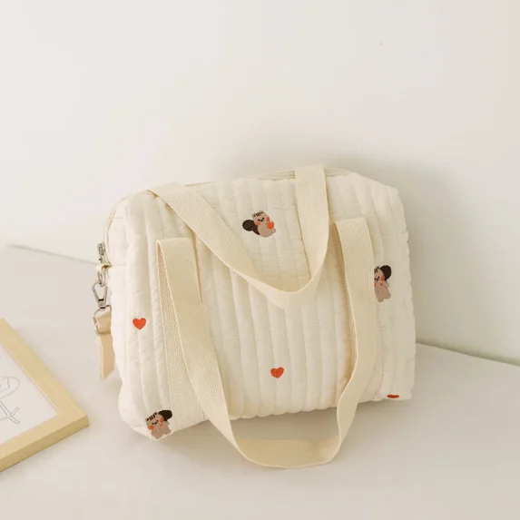 Large Capacity Stroller Diaper Bag Cute Bear Embroidered Flower Changing Bag Soft Maternity Shoulder Bag Baby Diaper Storage Bag (L M 32-25-12CM)