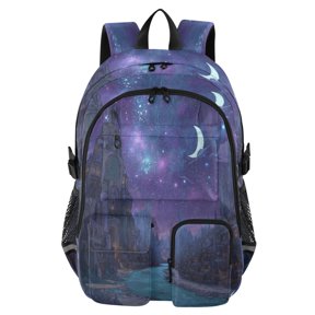 Large Capacity Student Backpack, 14 Inch Laptop Backpack, Wear-Resistant Polyester Travel Backpack with Reflective Strips for Commuting Outdoor Alien Fantasy Purple City