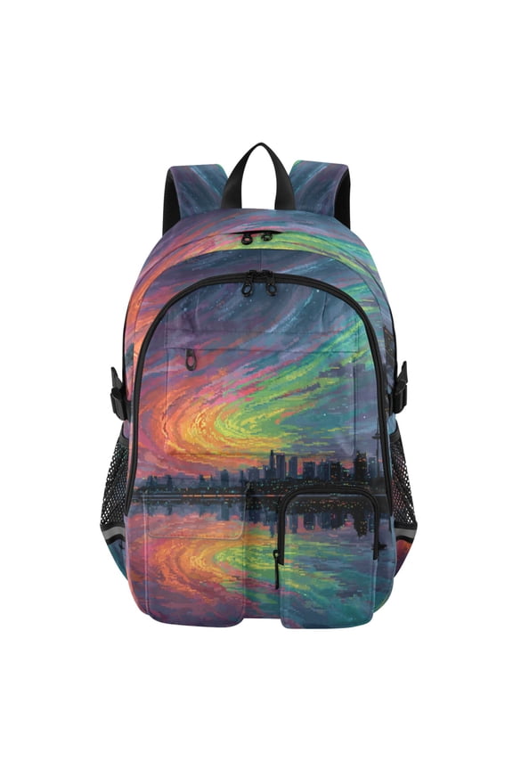 Large Capacity Student Backpack, 14 Inch Laptop Backpack, Wear-Resistant Polyester Travel Backpack with Reflective Strips for Commuting Outdoor Aurora Borealis City