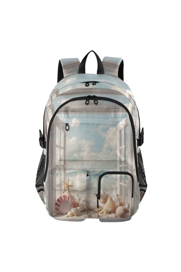 Large Capacity Student Backpack, 14 Inch Laptop Backpack, Wear-Resistant Polyester Travel Backpack with Reflective Strips for Commuting Outdoor Beach Open Window View