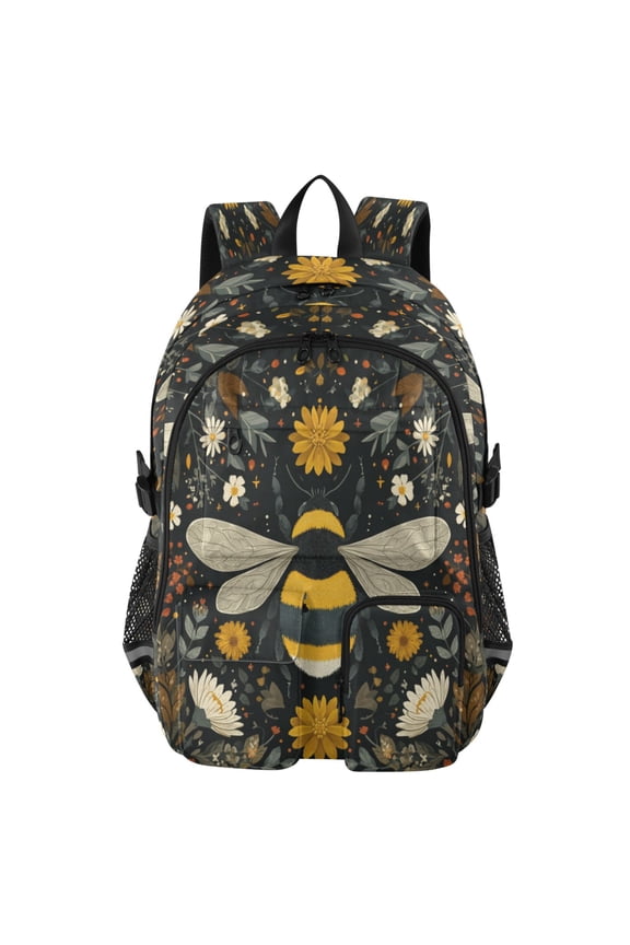 Large Capacity Student Backpack, 14 Inch Laptop Backpack, Wear-Resistant Polyester Travel Backpack with Reflective Strips for Commuting Outdoor Beautiful Bumblebee Illustration