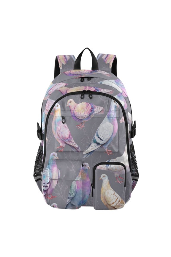 Large Capacity Student Backpack, 14 Inch Laptop Backpack, Wear-Resistant Polyester Travel Backpack with Reflective Strips for Commuting Outdoor Beautiful Pigeon