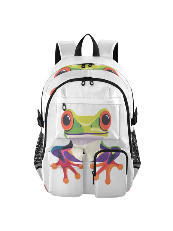 Large Capacity Student Backpack, 14 Inch Laptop Backpack, Wear-Resistant Polyester Travel Backpack with Reflective Strips for Commuting Outdoor Big-eyed Frog