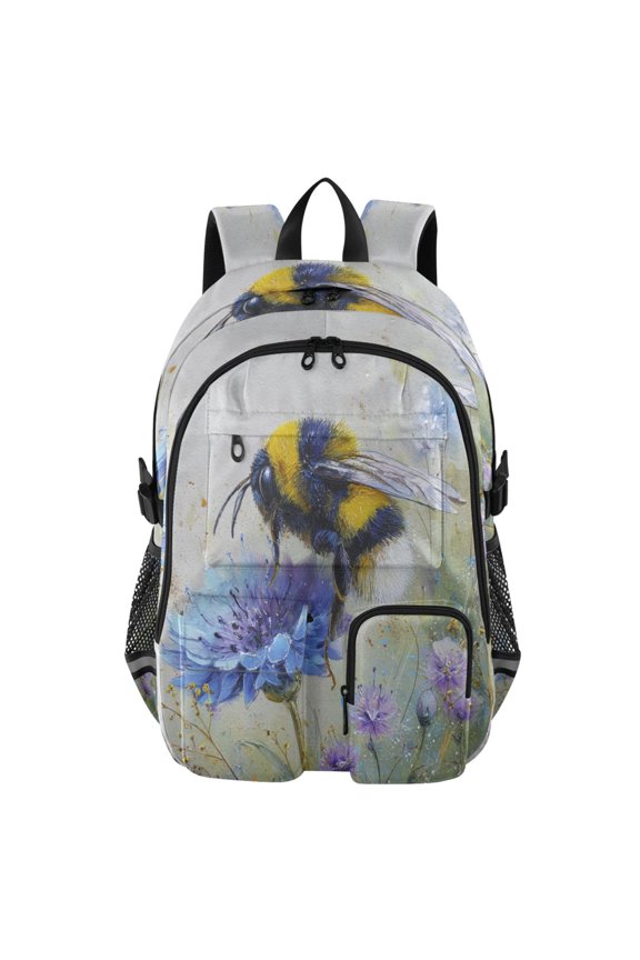 Large Capacity Student Backpack, 14 Inch Laptop Backpack, Wear-Resistant Polyester Travel Backpack with Reflective Strips for Commuting Outdoor Bumblebee on Flowers