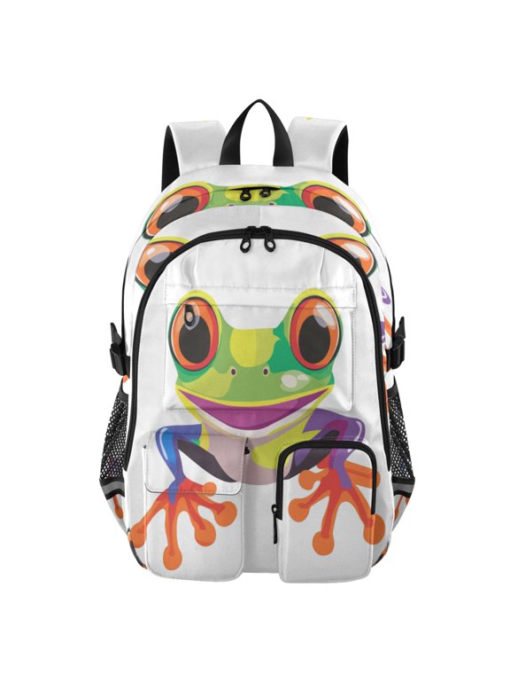 Large Capacity Student Backpack, 14 Inch Laptop Backpack, Wear-Resistant Polyester Travel Backpack with Reflective Strips for Commuting Outdoor Cartoon Cute Frog