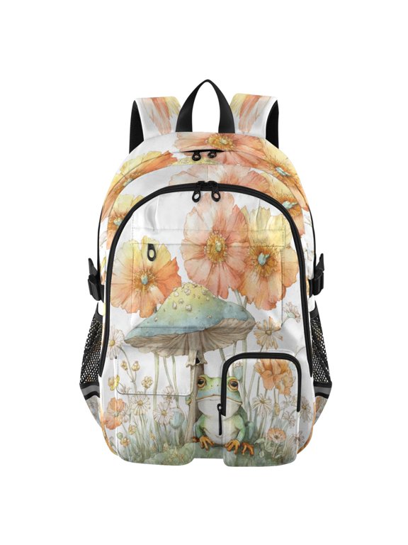 Large Capacity Student Backpack, 14 Inch Laptop Backpack, Wear-Resistant Polyester Travel Backpack with Reflective Strips for Commuting Outdoor Cartoon Frog