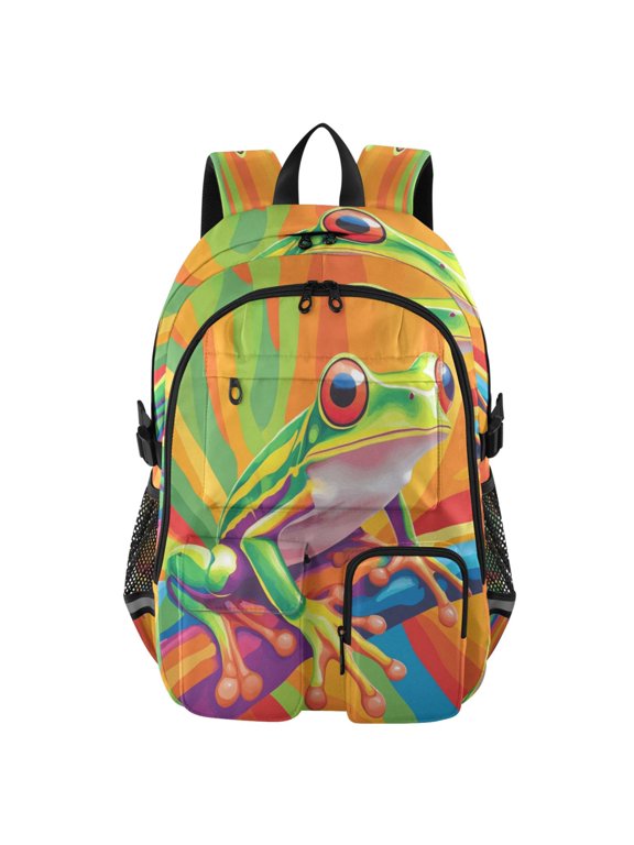 Large Capacity Student Backpack, 14 Inch Laptop Backpack, Wear-Resistant Polyester Travel Backpack with Reflective Strips for Commuting Outdoor Cartoon Green Frog