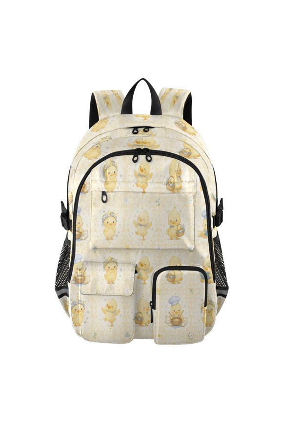 Large Capacity Student Backpack, 14 Inch Laptop Backpack, Wear-Resistant Polyester Travel Backpack with Reflective Strips for Commuting Outdoor Cream Tiny Duck