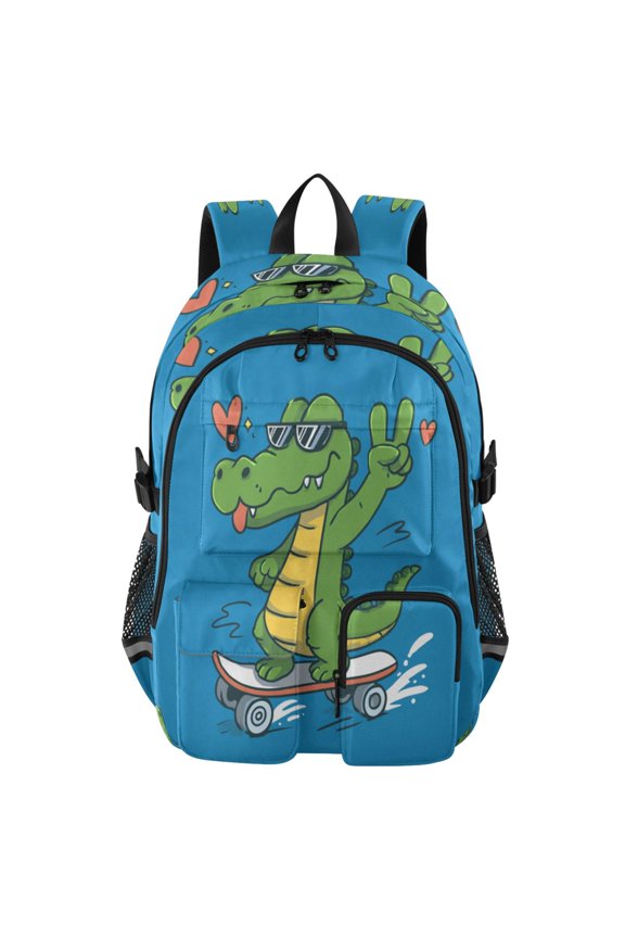 Large Capacity Student Backpack, 14 Inch Laptop Backpack, Wear-Resistant Polyester Travel Backpack with Reflective Strips for Commuting Outdoor Crocodile Skateboard