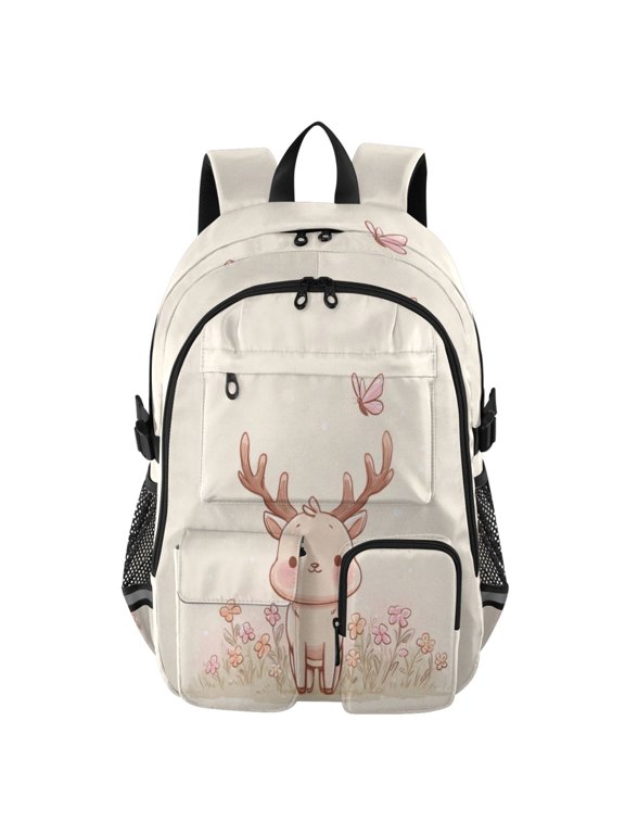 Large Capacity Student Backpack, 14 Inch Laptop Backpack, Wear-Resistant Polyester Travel Backpack with Reflective Strips for Commuting Outdoor A Cute Fawn