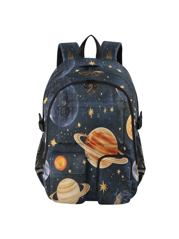 Large Capacity Student Backpack, 14 Inch Laptop Backpack, Wear-Resistant Polyester Travel Backpack with Reflective Strips for Commuting Outdoor Dark Planet Solar System
