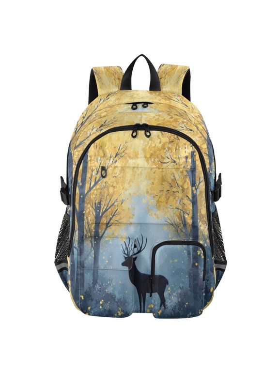 Large Capacity Student Backpack, 14 Inch Laptop Backpack, Wear-Resistant Polyester Travel Backpack with Reflective Strips for Commuting Outdoor Deer in The Forest