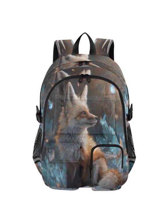 Large Capacity Student Backpack, 14 Inch Laptop Backpack, Wear-Resistant Polyester Travel Backpack with Reflective Strips for Commuting Outdoor Fox Sitting in Snow