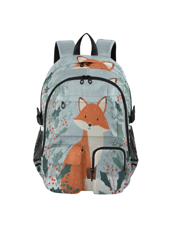 Large Capacity Student Backpack, 14 Inch Laptop Backpack, Wear-Resistant Polyester Travel Backpack with Reflective Strips for Commuting Outdoor Fox in Snow