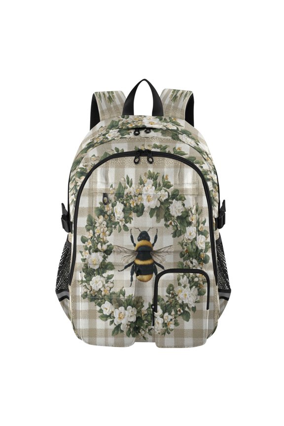 Large Capacity Student Backpack, 14 Inch Laptop Backpack, Wear-Resistant Polyester Travel Backpack with Reflective Strips for Commuting Outdoor Gingham Bumblebee Wreath