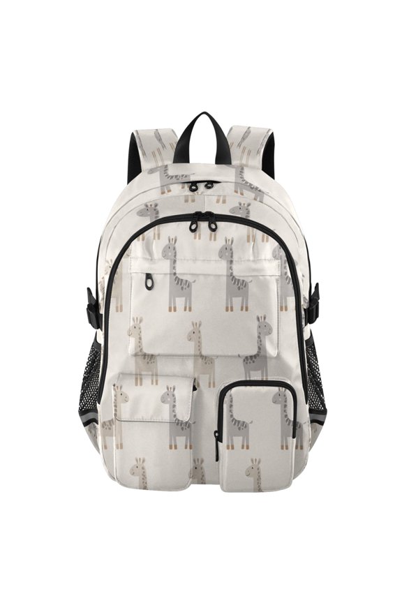 Large Capacity Student Backpack, 14 Inch Laptop Backpack, Wear-Resistant Polyester Travel Backpack with Reflective Strips for Commuting Outdoor Giraffe Pattern Beige Gray