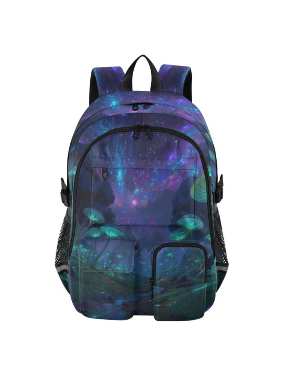 Large Capacity Student Backpack, 14 Inch Laptop Backpack, Wear-Resistant Polyester Travel Backpack with Reflective Strips for Commuting Outdoor Glowing Mushrooms Underwater Scene