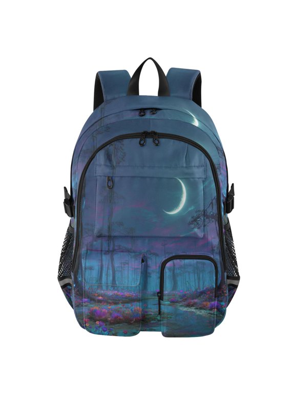 Large Capacity Student Backpack, 14 Inch Laptop Backpack, Wear-Resistant Polyester Travel Backpack with Reflective Strips for Commuting Outdoor Glowing Neon Swamp Castle