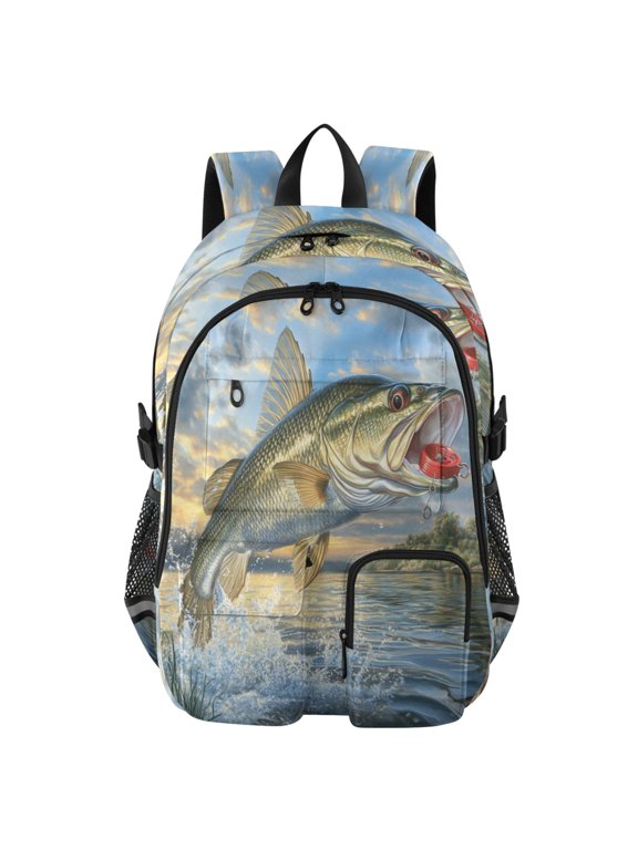 Large Capacity Student Backpack, 14 Inch Laptop Backpack, Wear-Resistant Polyester Travel Backpack with Reflective Strips for Commuting Outdoor Gold Fish Pattern