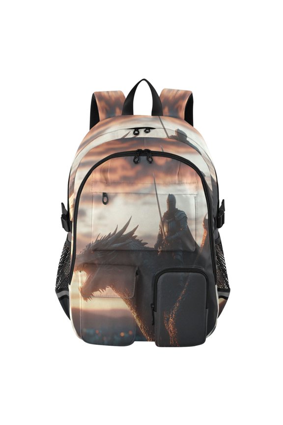 Large Capacity Student Backpack, 14 Inch Laptop Backpack, Wear-Resistant Polyester Travel Backpack with Reflective Strips for Commuting Outdoor Knight and Dragon