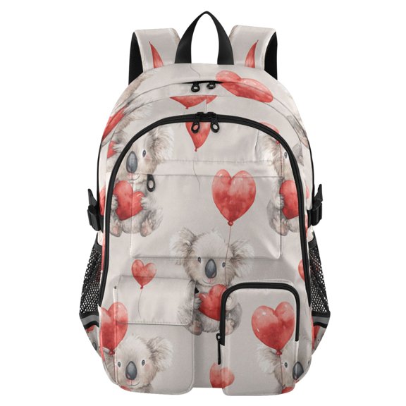 Large Capacity Student Backpack, 14 Inch Laptop Backpack, Wear-Resistant Polyester Travel Backpack with Reflective Strips for Commuting Outdoor Koala Bear Heart Balloons