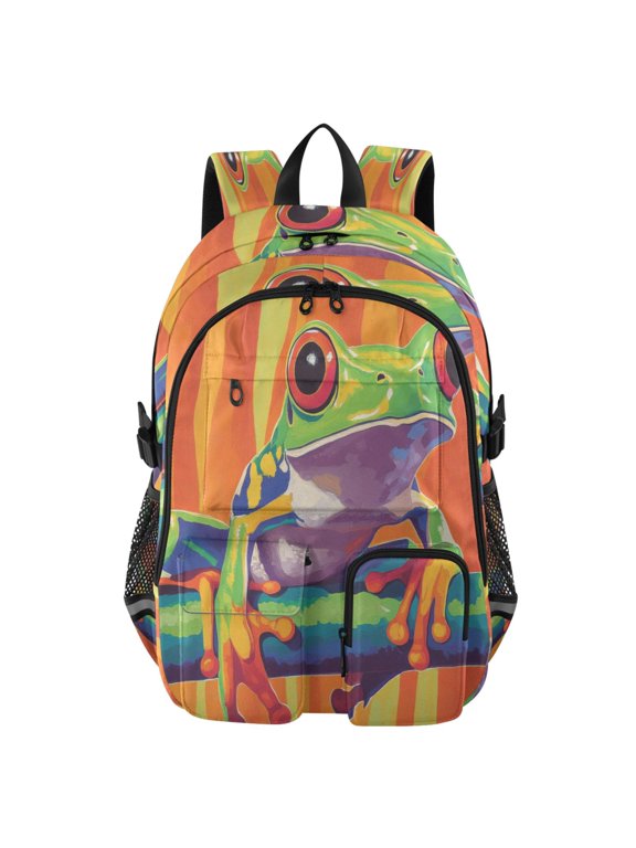 Large Capacity Student Backpack, 14 Inch Laptop Backpack, Wear-Resistant Polyester Travel Backpack with Reflective Strips for Commuting Outdoor Lovely Green Frog