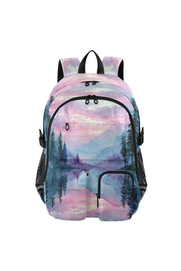 Large Capacity Student Backpack, 14 Inch Laptop Backpack, Wear-Resistant Polyester Travel Backpack with Reflective Strips for Commuting Outdoor Mirror Pine Forest Waterscape