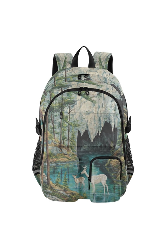 Large Capacity Student Backpack, 14 Inch Laptop Backpack, Wear-Resistant Polyester Travel Backpack with Reflective Strips for Commuting Outdoor Mountain Deer