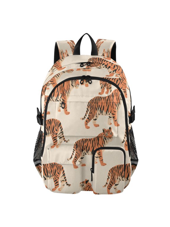 Large Capacity Student Backpack, 14 Inch Laptop Backpack, Wear-Resistant Polyester Travel Backpack with Reflective Strips for Commuting Outdoor Orange Tiger Wild Stripes