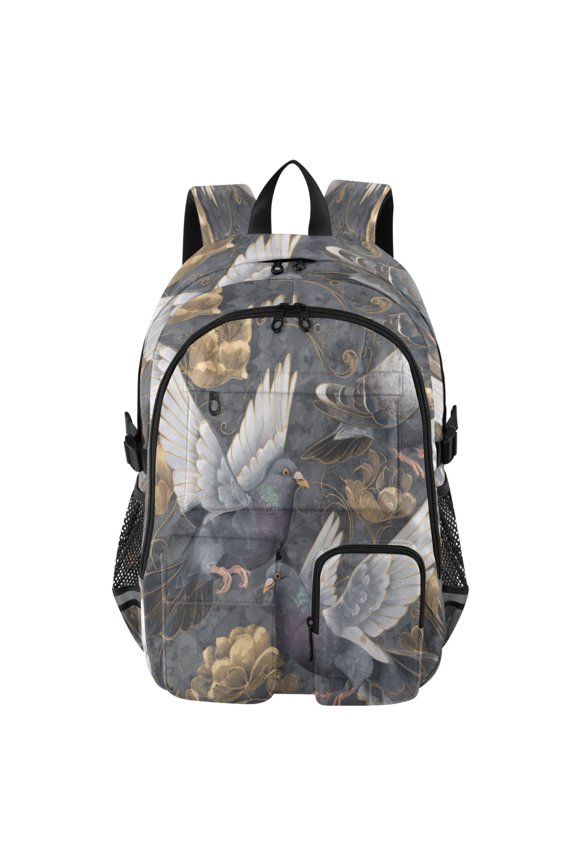 Large Capacity Student Backpack, 14 Inch Laptop Backpack, Wear-Resistant Polyester Travel Backpack with Reflective Strips for Commuting Outdoor Pigeon Illustration Art